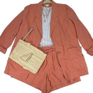 Coral Linen Blazer Shorts Set Outfit Med L Casual Work Travel Summer Minimalist